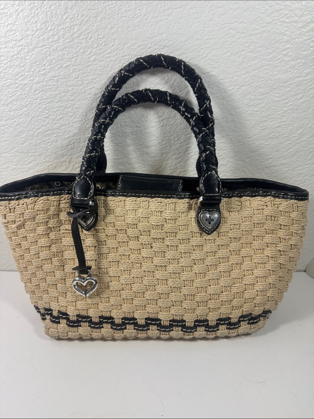 Brighton Woven Straw Tote Bag with Black Trim